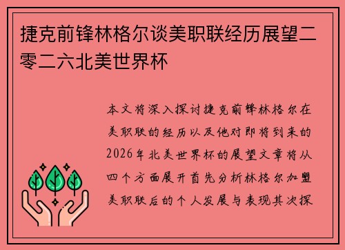 捷克前锋林格尔谈美职联经历展望二零二六北美世界杯