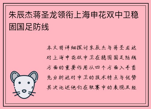 朱辰杰蒋圣龙领衔上海申花双中卫稳固国足防线